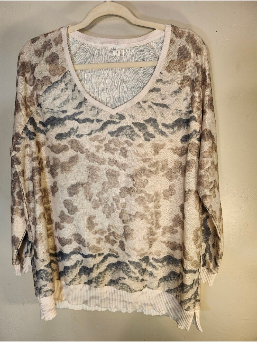 Tribal So Soft V-Neck Lightweight Pullover Sweater in Neutral Camo Oversized